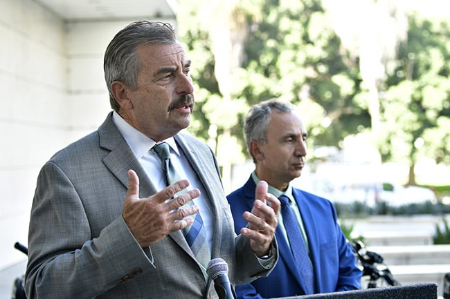 LAPD Police Chief Charlie Beck unveils their first fleet of electric bicycles to enhance patrols. ©Tony Donaldson/tdphoto.com