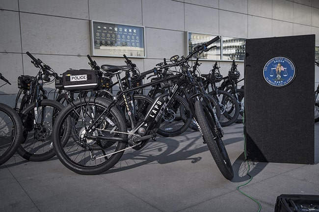 LAPD Police Chief Charlie Beck unveils their first fleet of electric bicycles to enhance patrols. ©Tony Donaldson/tdphoto.com