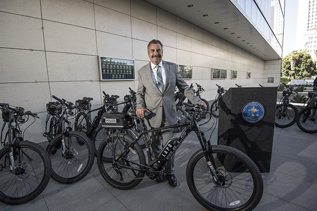 LAPD Police Chief Charlie Beck unveils their first fleet of electric bicycles to enhance patrols. ©Tony Donaldson/tdphoto.com