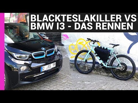 #BlackTeslaKiller vs  BMW i3 – EBIKE GEGEN AUTO RENNEN – 10KW EBIKE 110KMH